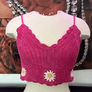 Bog Collective Pink Hand Made Crochet Cropped Tank Top Womens